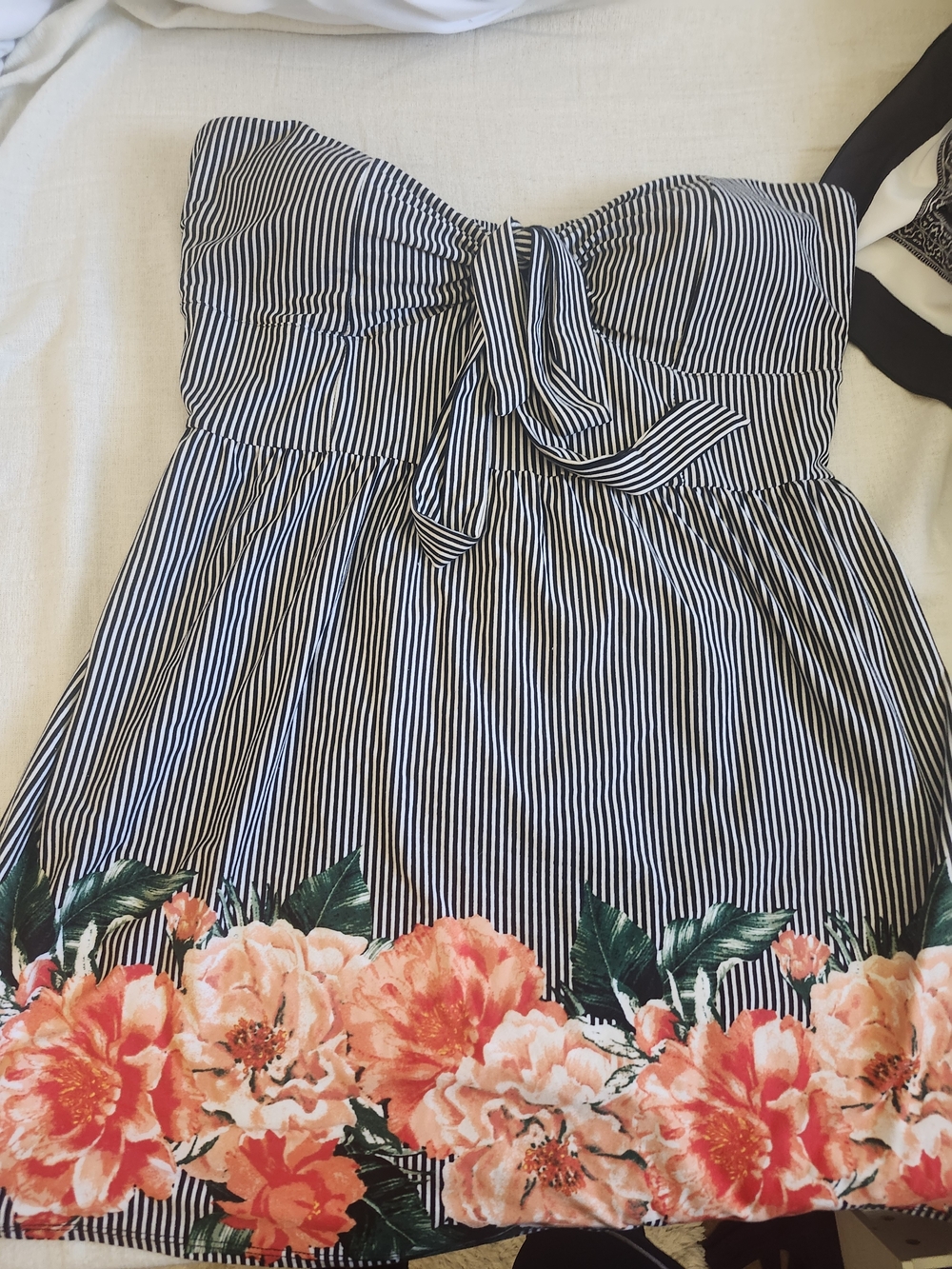 No Boundaries Black & White Striped Strapless Tunic with Coral Floral Hem